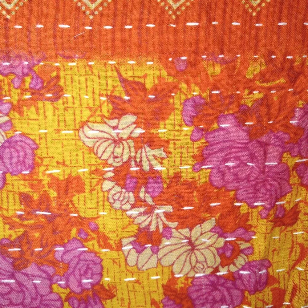 Kantha Quilt Blue Yellow Burnt Orange 54" x 83" Premium 3 Layer Cotton K141. - Picture 5 of 6